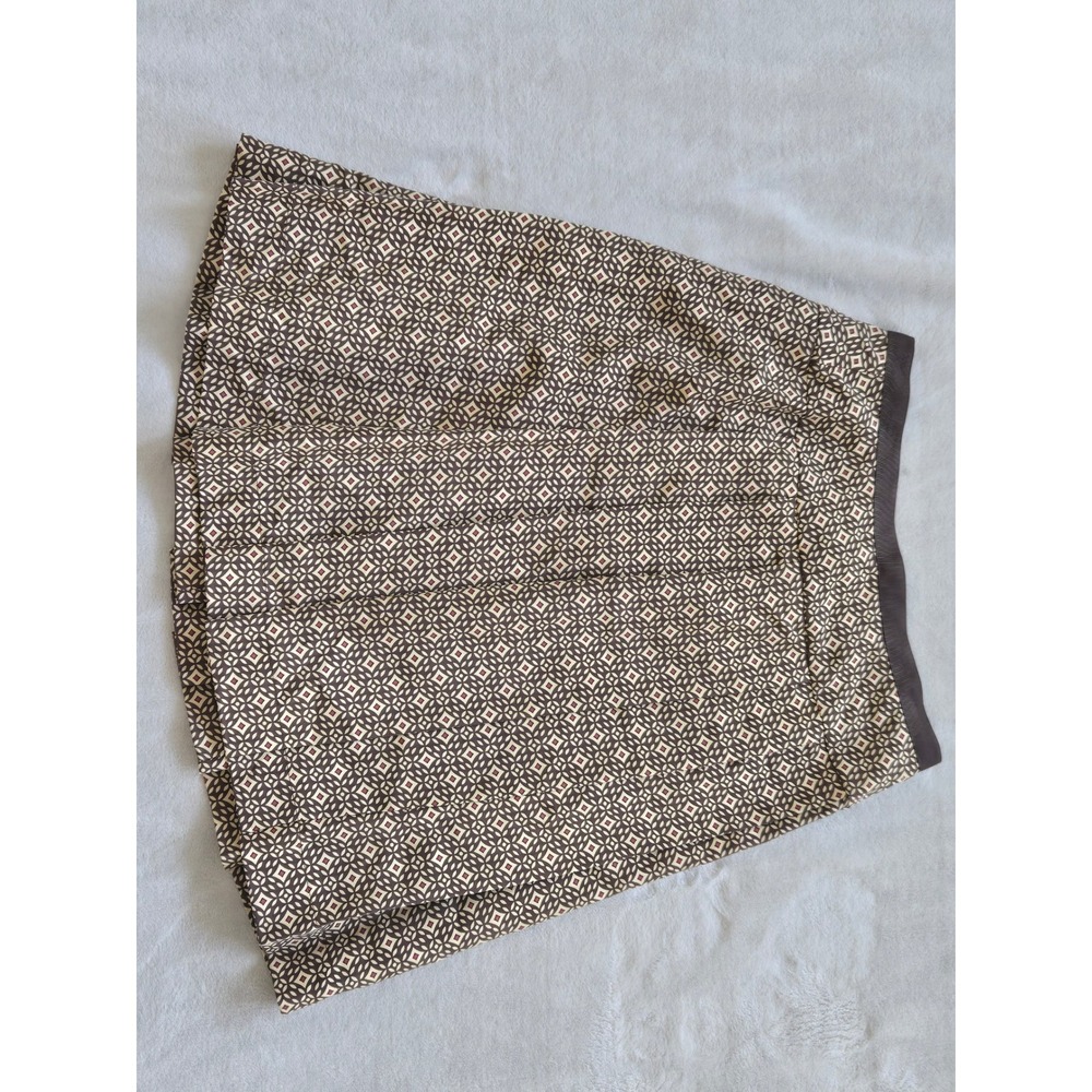 Anne Klein 100% Silk Pleated Geometric Print Skirt Brown Cream Burgundy Size 12